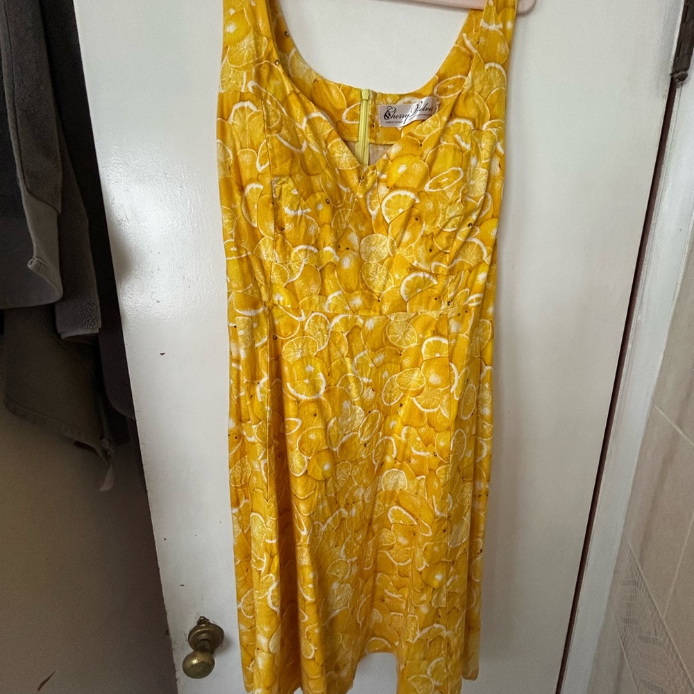 Cherry Velvet Citrus Print Yellow swing Skirt Dress